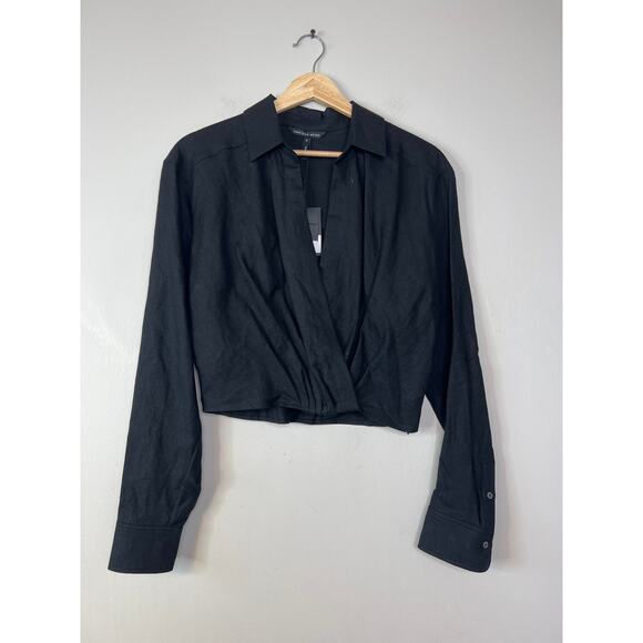 NWT Marissa Webb Maxwell Linen Long Sleeves Crop Top Shirt Black Size: Medium - Picture 2 of 7